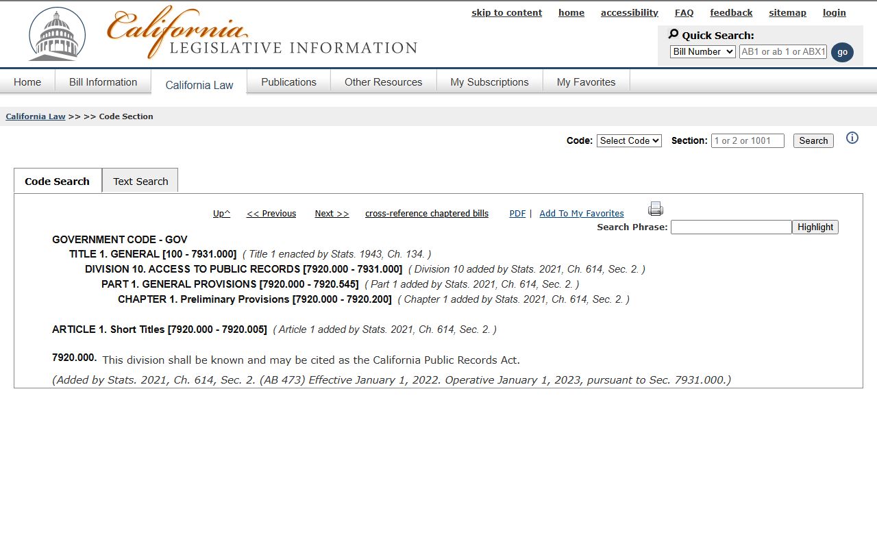 California Government Code section 7920 text
