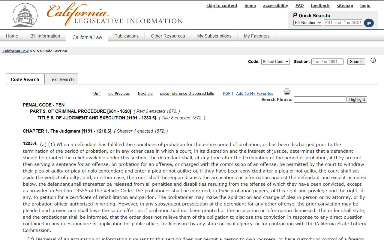 California Penal Code section 1203.4 page on the official LegInfo site