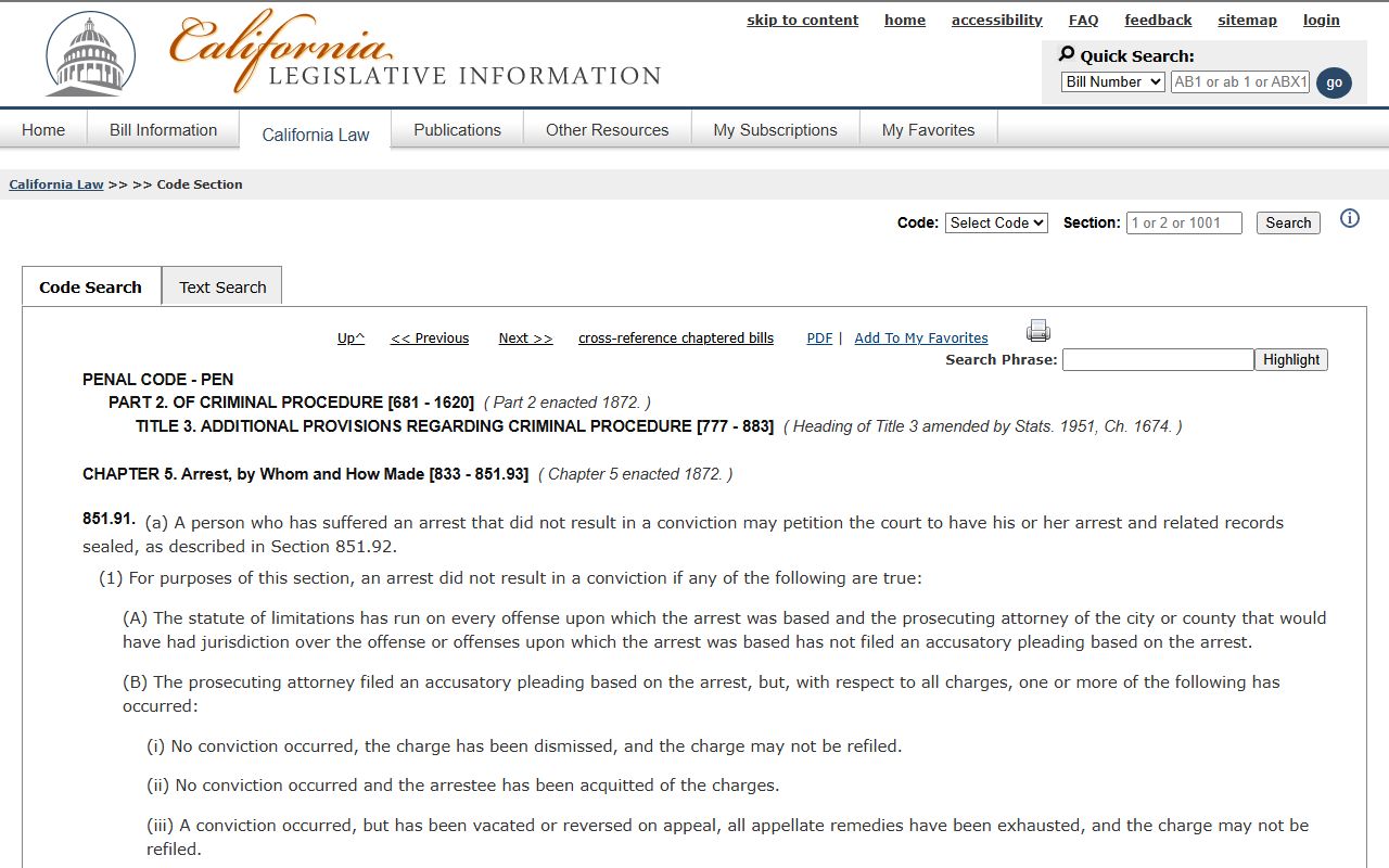 California Penal Code section 851.91 page on the official LegInfo site