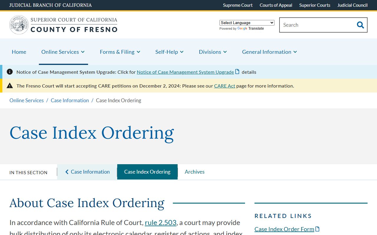 Fresno County court dockets: case index ordering page with field list and report types