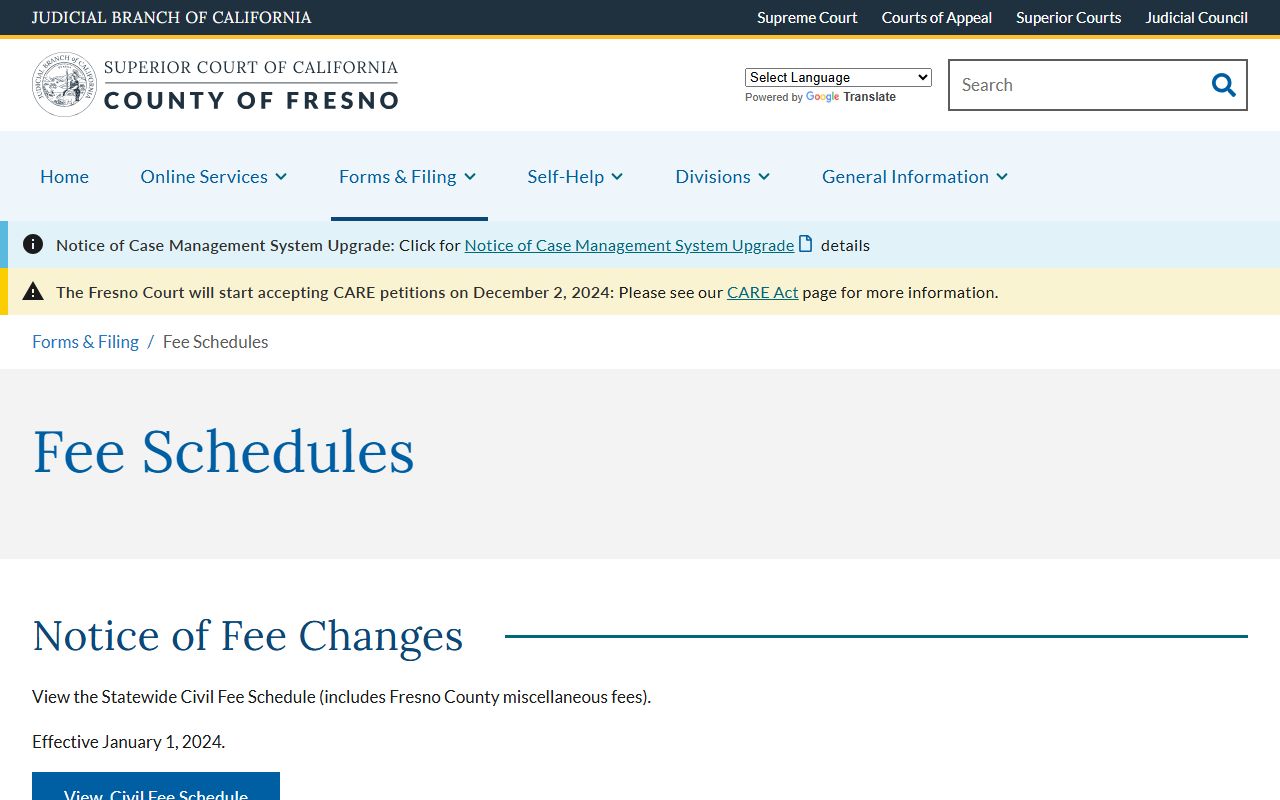Fresno County court fee schedule page