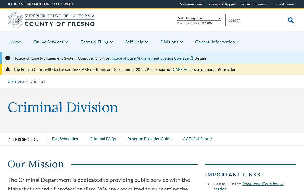 Fresno Superior Court Criminal Division page