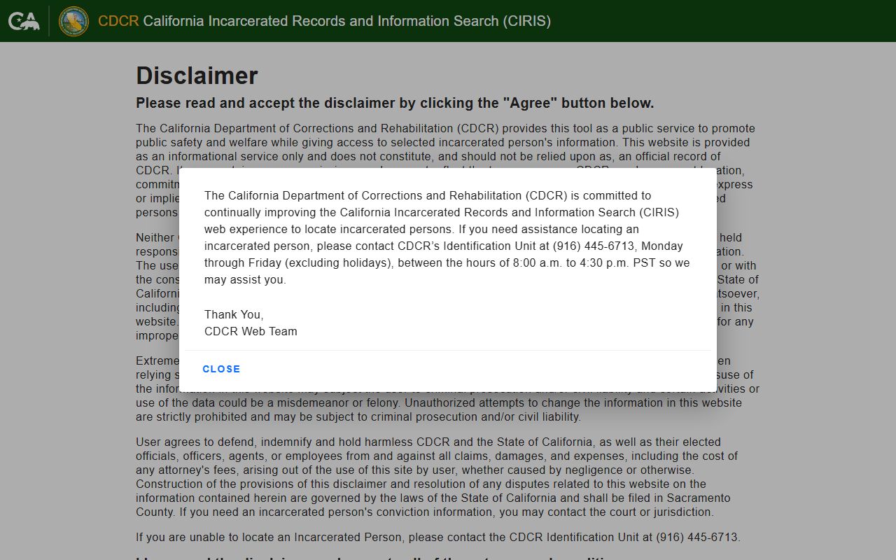 CDCR CIRIS California state prison inmate locator