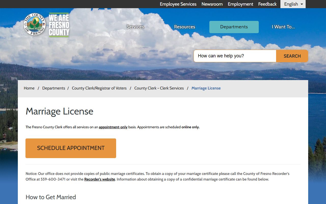 Fresno County Clerk marriage license page