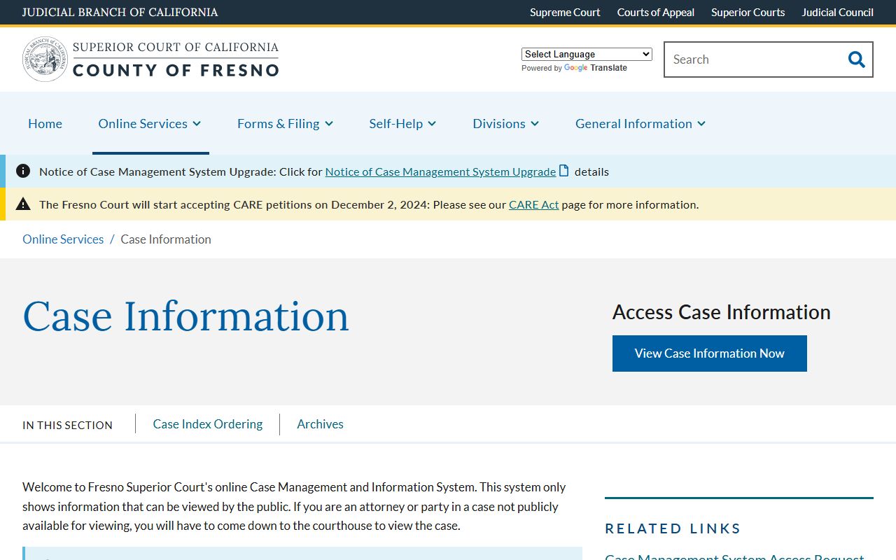 Fresno County court records - Superior Court case information landing page