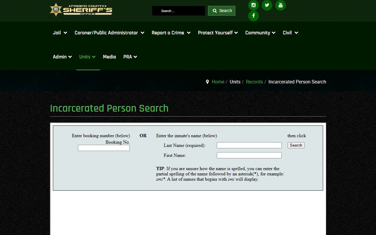 Fresno County inmate records: Sheriff inmate search landing page with public search link