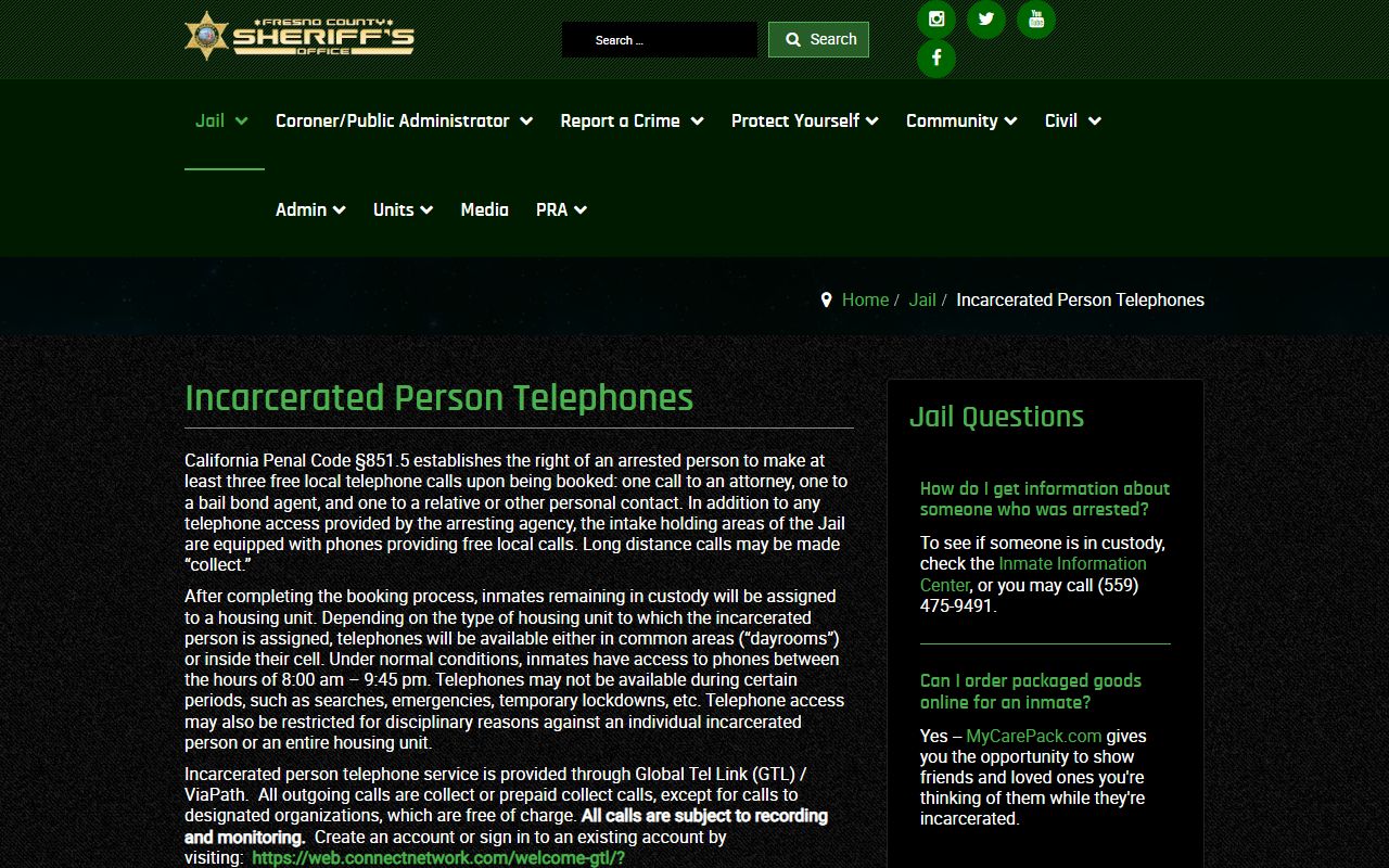 Fresno County inmate records: Sheriff inmate telephones page with voicemail and call rules