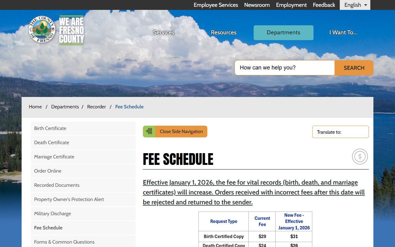 Fresno County Recorder fee schedule for vital records