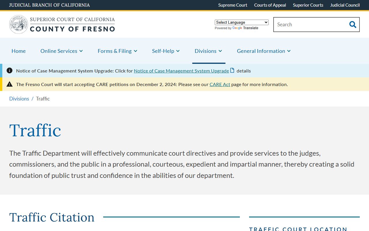 Fresno County traffic court records, Fresno Superior Court Traffic Division page